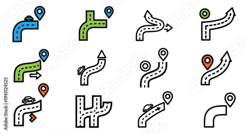 Navigation Icons - Road and Directional Symbols for Mapping.