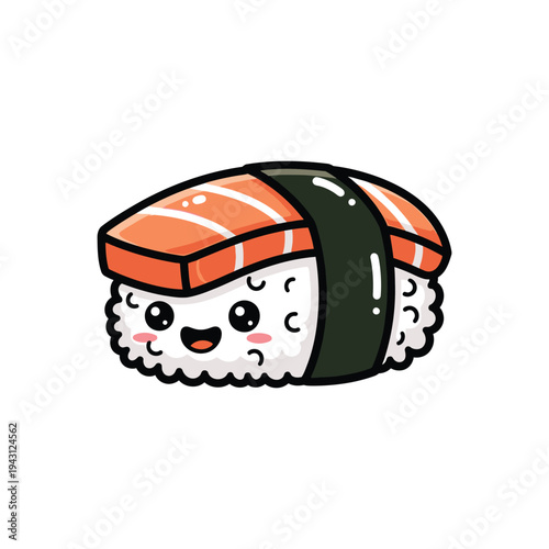 Cute Cartoon Salmon Nigiri Sushi With Rice and Seaweed.