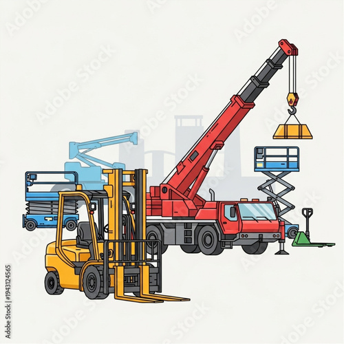 Crane Truck Lifting Heavy Equipment with Forklift Nearby.