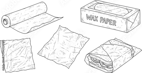 Collection of hand-drawn wax paper illustrations showing a roll, a box, a wrapped sandwich, and abstract scribbles in a simple black and white doodle art style