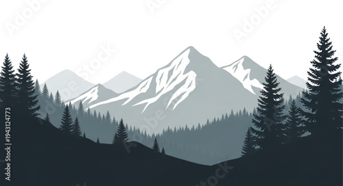 Mountain Landscape with Snow and Trees.