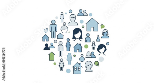 Community and Housing Icons Representing People and Homes.