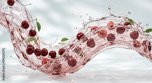 Fresh cold pure cherry flavored water wave splash. Clean infused water or liquid fluid 3D wave splash with cherries design element. Healthy flavored detox drink splash label design. 