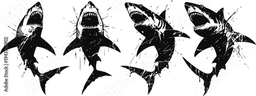 set of grunge shark silhouettes with splatter effect in dynamic swimming poses