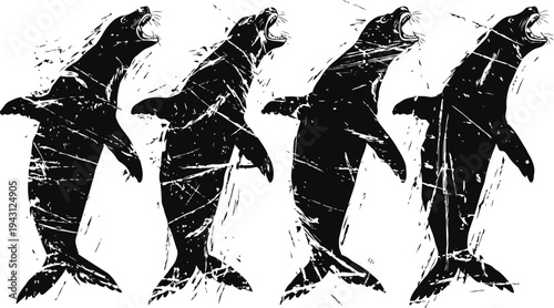 vintage grunge black killer whale silhouettes set on white background with distressed texture