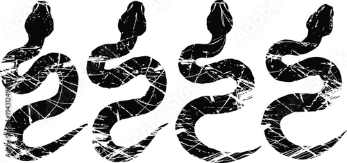 grunge black snake silhouette set with curved body and forked tongue