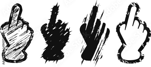 Grunge middle finger hand gestures set with black brushstroke textures isolated on white