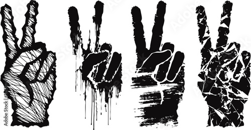 peace and victory hands set with grunge and sketch styles black and white artistic gesture symbols