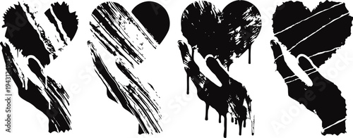 Black broken hearts set with cracked and scratched textures, torn and grunge love symbols
