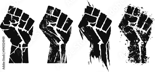 Black raised fists silhouettes in grunge texture power and resistance symbol set