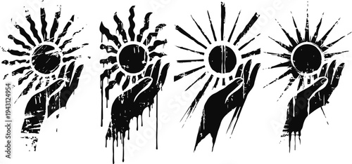 hand holding sun silhouette design set with rays and shadows in black ink