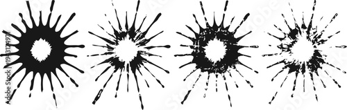 black paint splatters in various shapes abstract ink stains with irregular edges and radial spikes artistic grunge design elements