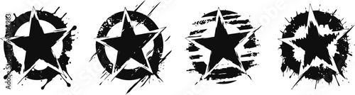 Grunge black star icons with splattered and distressed circular backgrounds in various designs