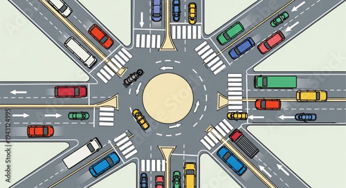 Aerial View of a Busy Traffic Circle Intersection.