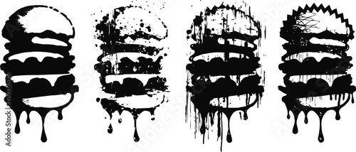 melting dripping hamburgers silhouette set fast food burgers with multiple layers, artistic ink splash