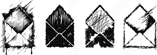 set of four hand drawn black ink envelopes with varied shading and texture styles