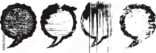 Grunge speech bubbles set with distressed texture and ink splatter effects for design and communication