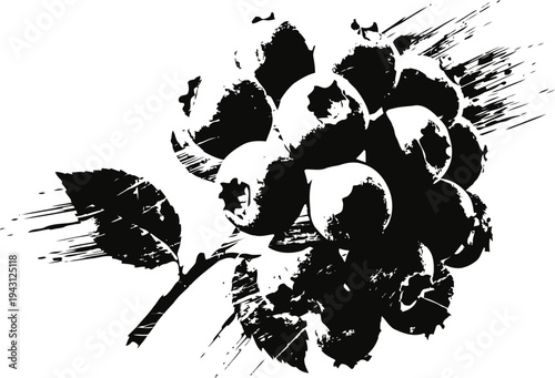 Blueberry cluster silhouette with leaf artistic ink splatter design