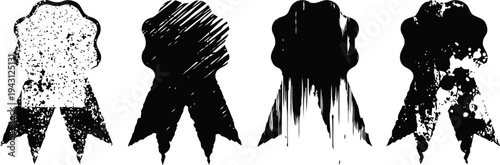 Four vintage award ribbons in silhouette with distressed texture, different styles and hanging tails