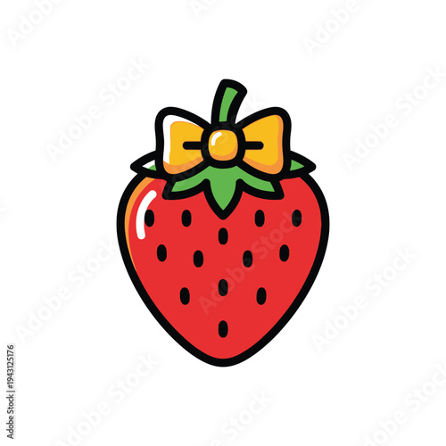 Cartoon Strawberry With Bow On Red Fruit.