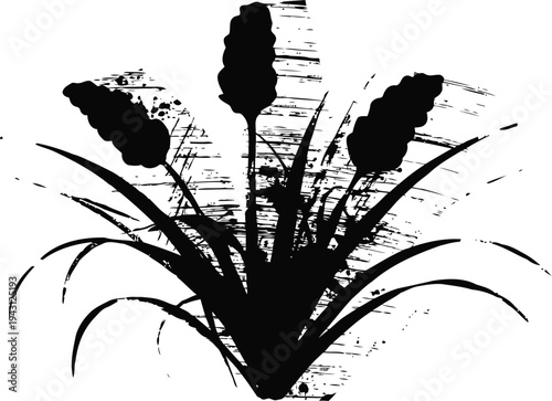 Silhouette of grass blades and seed heads in black ink with textured brushstroke background