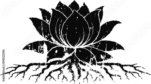 Black lotus flower with roots silhouette artistic spiritual and natural symbol design