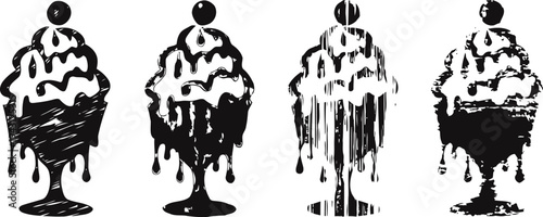 Four vintage melting ice cream sundaes with whipped cream and cherry on top in black silhouette