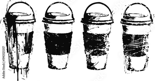 Grunge coffee cup set four black and white textured takeout coffee cups with rims and sleeves urban sketch illustration