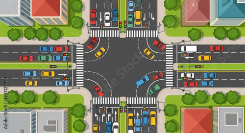Aerial View of a Busy City Intersection with Cars and Buildings.