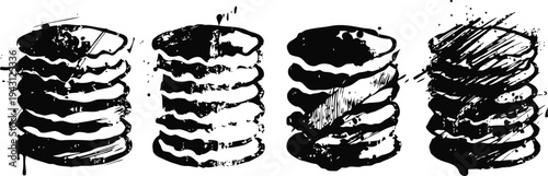 Stacked pancakes silhouettes in four different styles, black and white sketch set