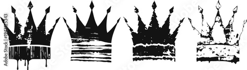 set of four distressed black crown silhouettes with grunge texture and different designs