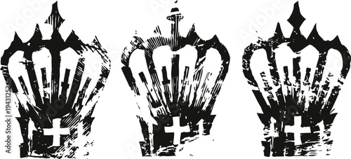 three black crowns with cross symbols grunge vintage royal heraldic design elements