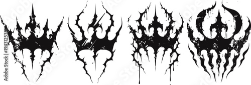 Four black tribal crowns with sharp, flame like designs on a white background gothic ink artwork collection