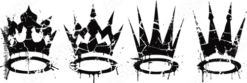 Grunge black crown silhouettes set with paint splatter effects and rough texture designs