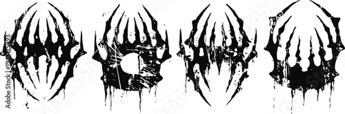 Four abstract black ink blots resembling stylized symmetrical masks or faces on white background