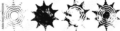 Black and white ink splatter shapes grunge circle and starburst brush stroke elements for design and background