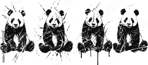 Illustration of four black and white sitting pandas with brush stroke artistic design