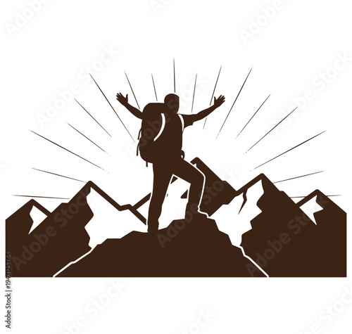 man standing on top of mountain with arms outstretched in triumph and excitement on a sunny day