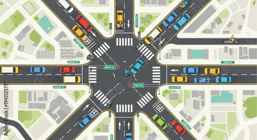 Aerial View of Busy City Intersection with Traffic.