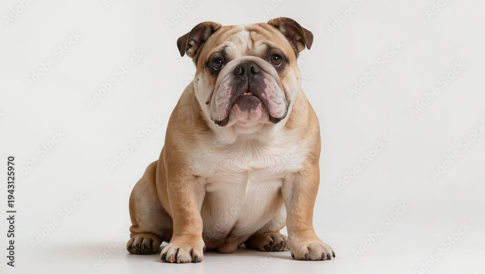 Fototapeta premium Focused English Bulldog Sitting Serenely Against Bright White Studio Background