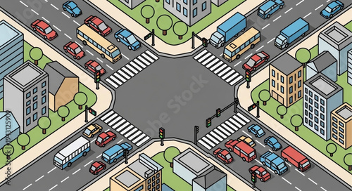 Isometric City Intersection with Cars and Buildings Illustration.