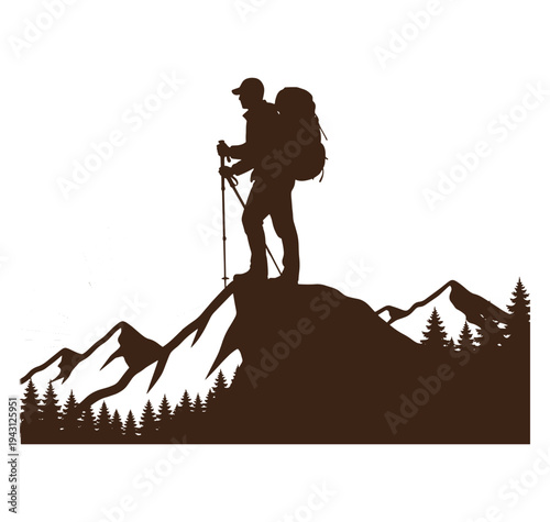 man standing on top of mountain with hiking poles and backpack looking out at scenery