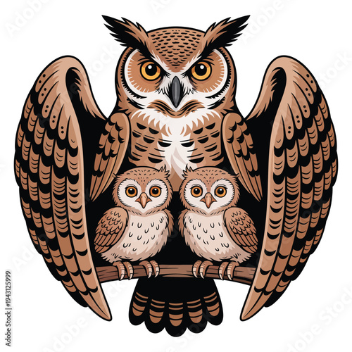 Great horned owl mother with two owlets sitting on branch, parent bird protecting young family, nocturnal predatory bird, woodland scene, detailed illustration, graphic style