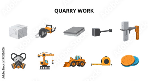 A collection of ten vector icons representing tools and materials for quarry work
