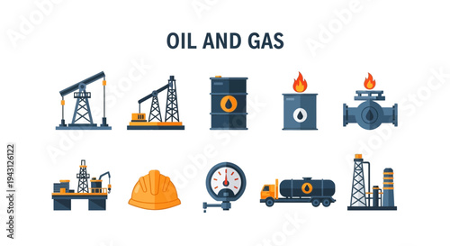Flat icon set illustrating oil and gas industry equipment and symbols