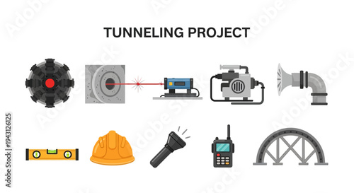 Tunneling project equipment icons shown in two horizontal rows