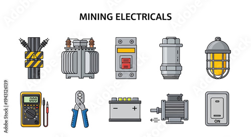 Illustration of ten electrical components used in mining environments