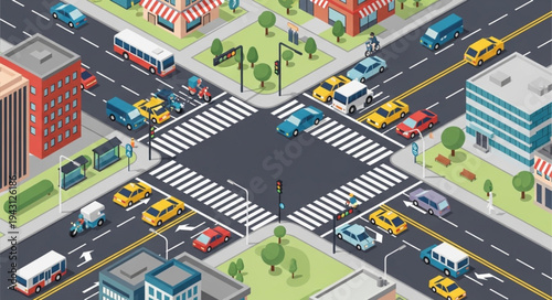 Isometric City Intersection with Cars, Buses, and Buildings.