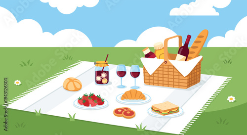 Idyllic outdoor picnic scene with a woven basket, wine, fruit, and sandwiches laid out on a white blanket in a green summer meadow.