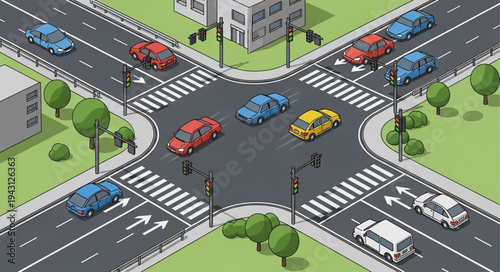 Isometric Pixel Art Intersection with Cars and Buildings.